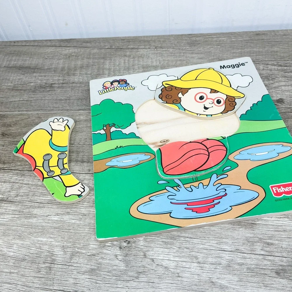 Fisher Price Little People Maggie Wooden Puzzle 2003 Vintage Raincoat Puddles
